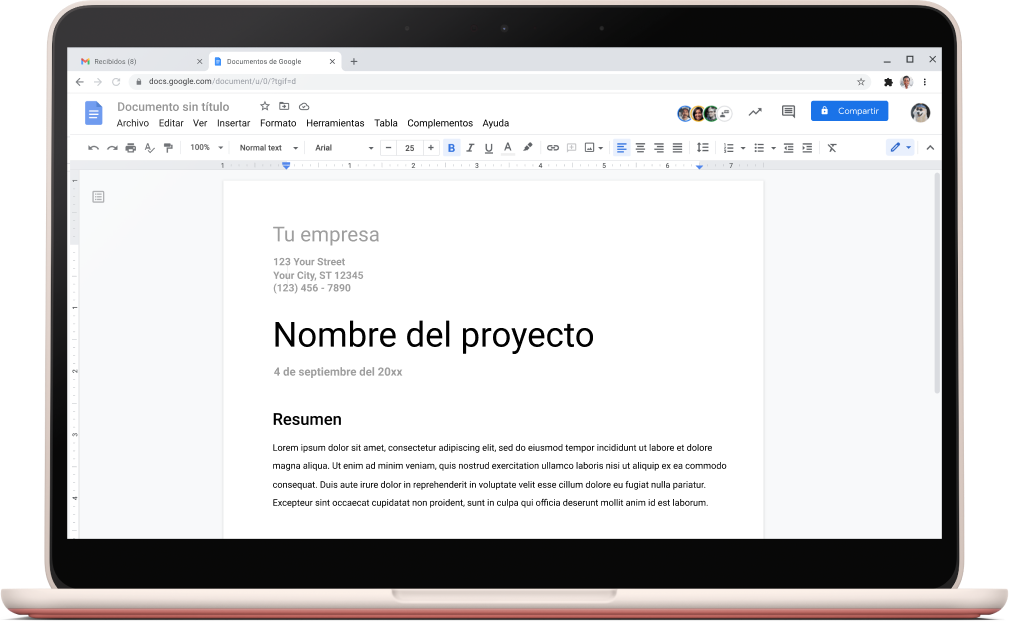 Pantalla de Documentos de Google que muestra una plantilla de proyecto abierta.